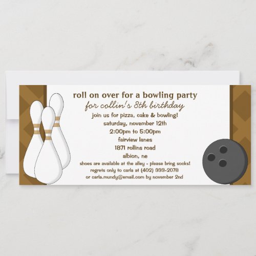 Chocolate Brown Roll Over Bowling Birthday Party Invitation