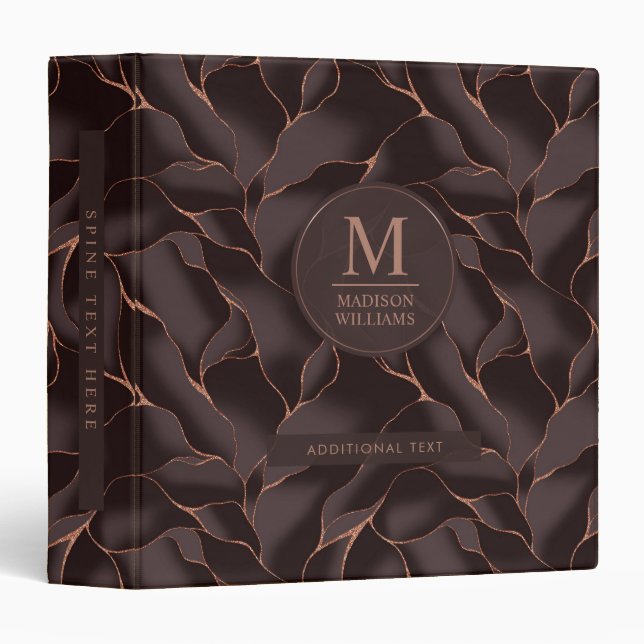 Chocolate Brown & Rose Gold Abstract Wave Pattern 3 Ring Binder (Front/Spine)