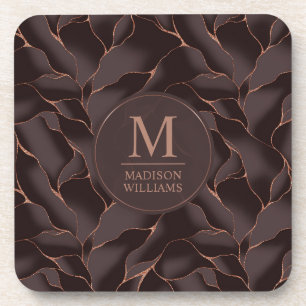 Chocolate Brown & Rose Gold Abstract Wave Pattern Beverage Coaster