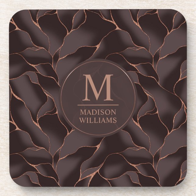 Chocolate Brown & Rose Gold Abstract Wave Pattern Beverage Coaster (Front)