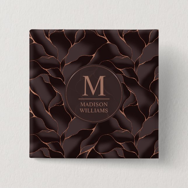 Chocolate Brown & Rose Gold Abstract Wave Pattern Button (Front)