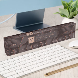 Chocolate Brown & Rose Gold Abstract Wave Pattern Desk Name Plate