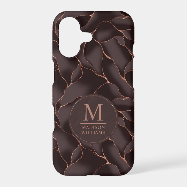 Chocolate Brown & Rose Gold Abstract Wave Pattern iPhone Case (Back)