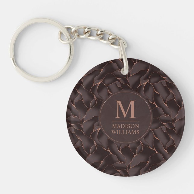 Chocolate Brown & Rose Gold Abstract Wave Pattern Keychain (Front)