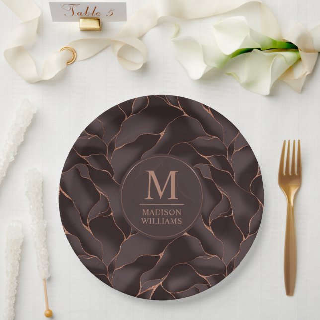 Chocolate Brown & Rose Gold Abstract Wave Pattern Paper Plates (Wedding)