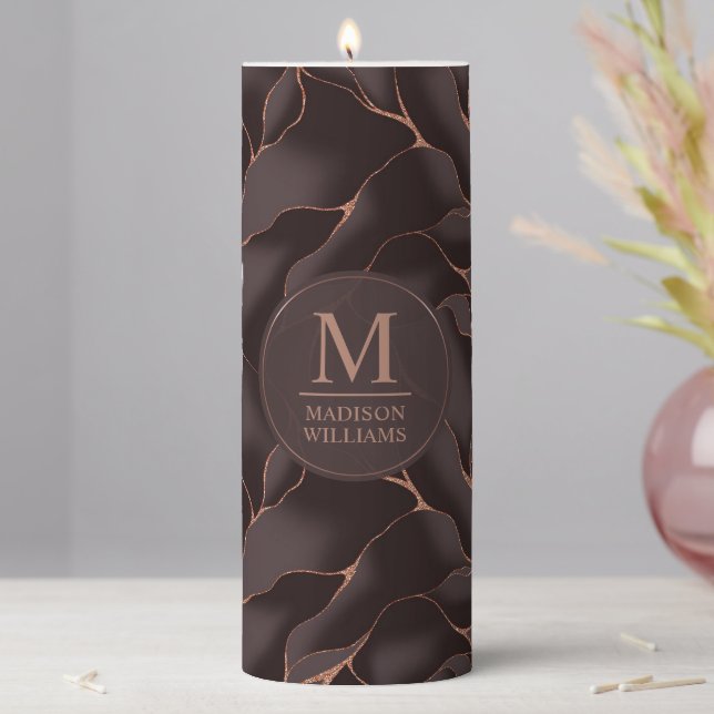 Chocolate Brown & Rose Gold Abstract Wave Pattern Pillar Candle (In Situ)