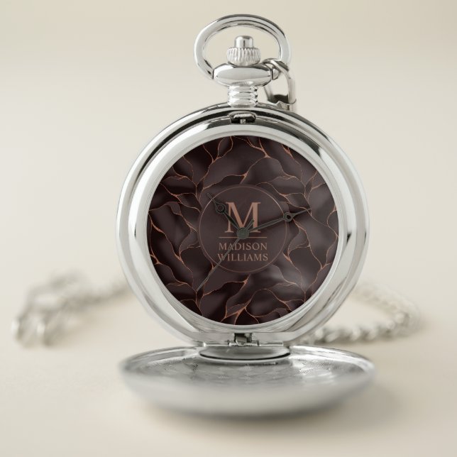 Chocolate Brown & Rose Gold Abstract Wave Pattern Pocket Watch (Inside)