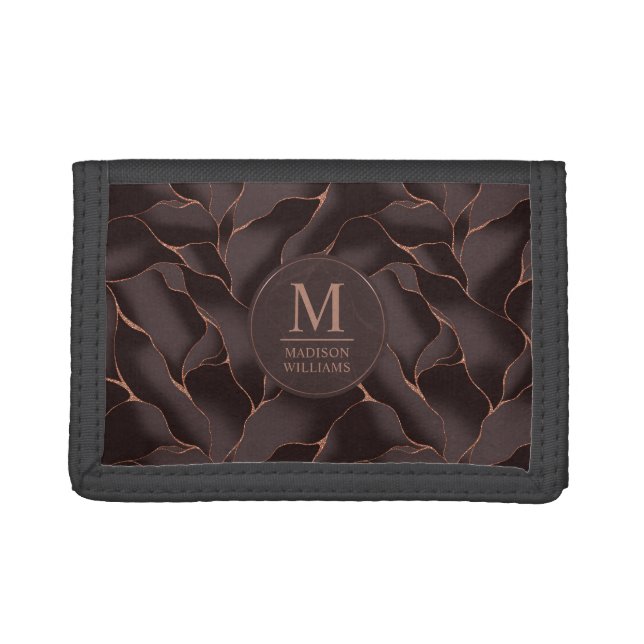 Chocolate Brown & Rose Gold Abstract Wave Pattern Tri-fold Wallet (Front)