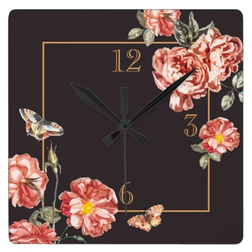 Chocolate Brown Rustic Autumn Rose Square Wall Clock