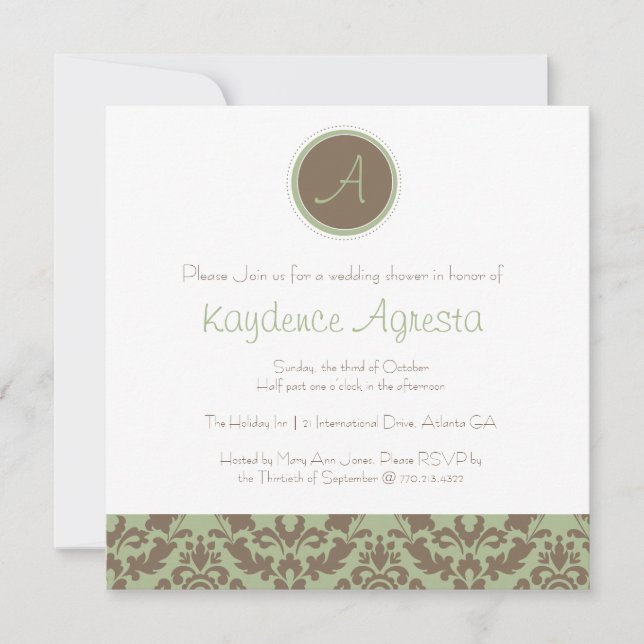 Chocolate Brown/Sage Damask Wedding Shower Invitation (Front)