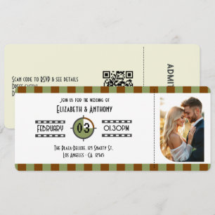 Chocolate Brown, Sage Green & Beige Ticket Wedding Invitation