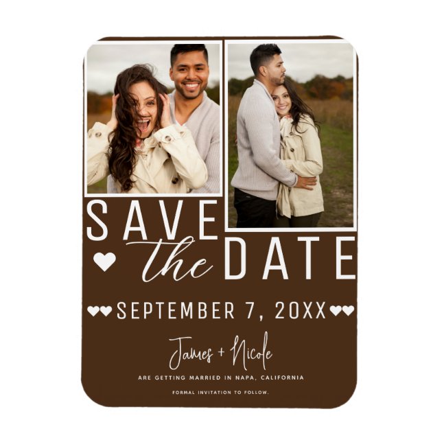 Chocolate Brown Save the Date 2 Photo Wedding Magnet (Vertical)