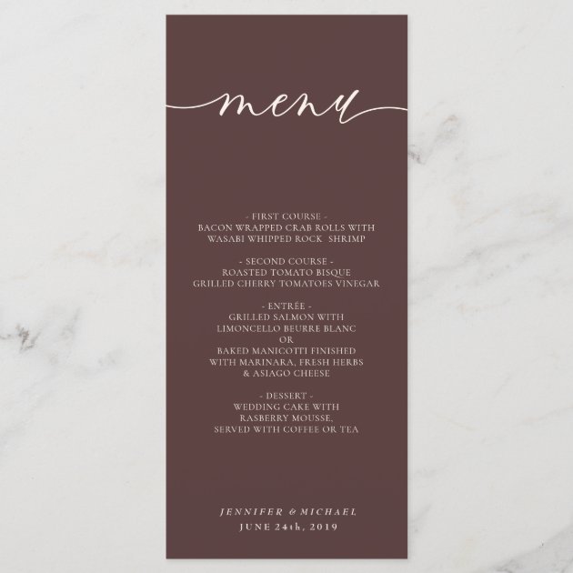 Chocolate Brown Simple Script Wedding Dinner Menu