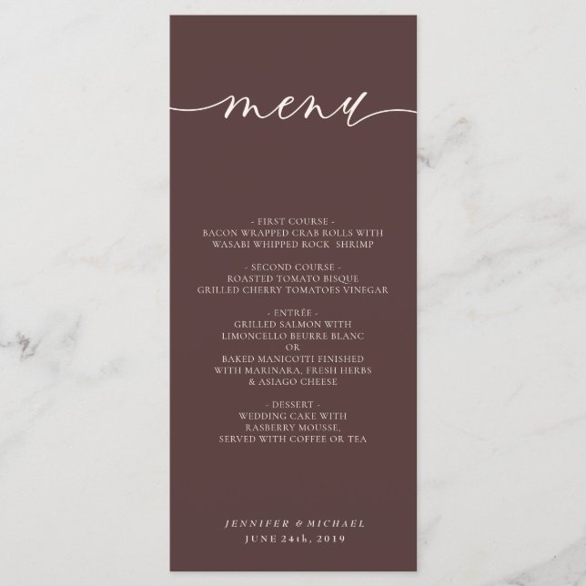 Chocolate Brown Simple Script Wedding Dinner Menu (Front)