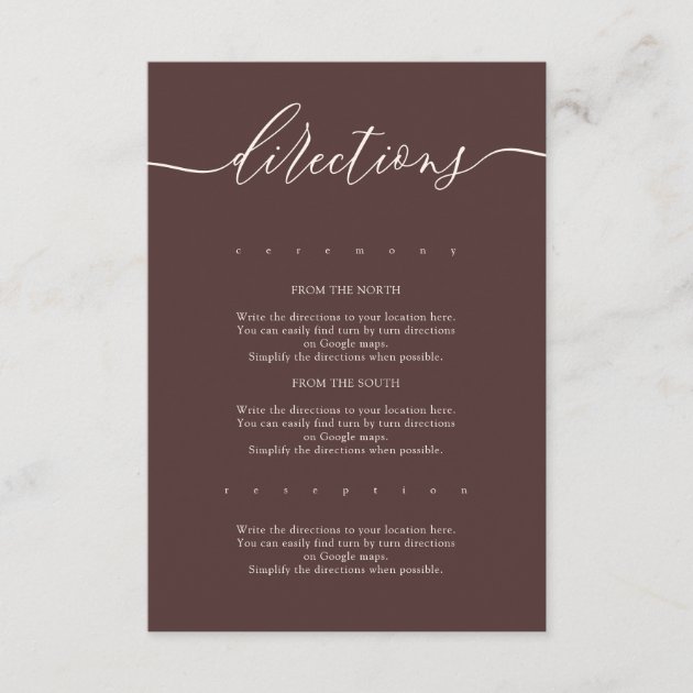 Chocolate Brown Simple Wedding Directions Enclosure Card