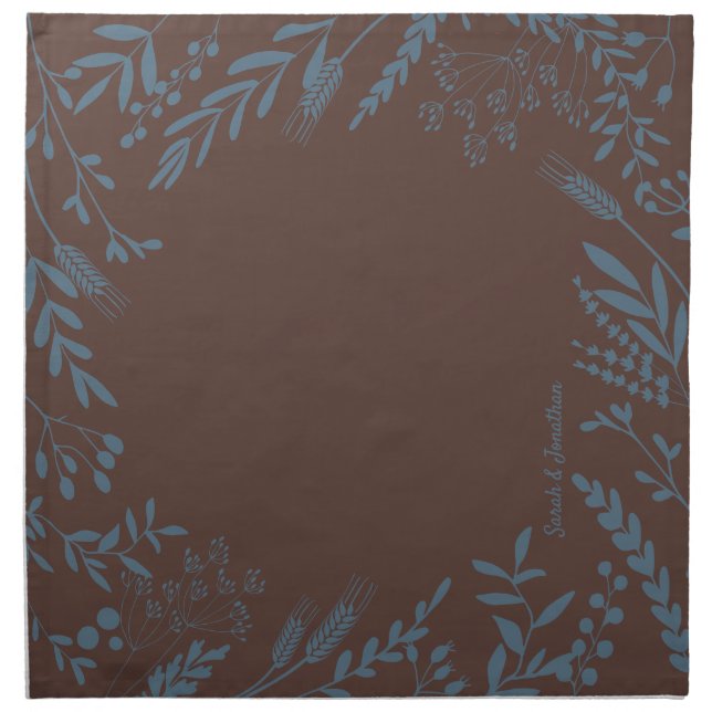 Chocolate Brown Slate Blue Modern Quirky Floral Cloth Napkin (Front)