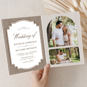 Chocolate Brown Striped Photo QR Code Wedding Invitation