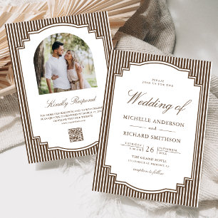 Chocolate Brown Striped Photo QR Code Wedding Invitation