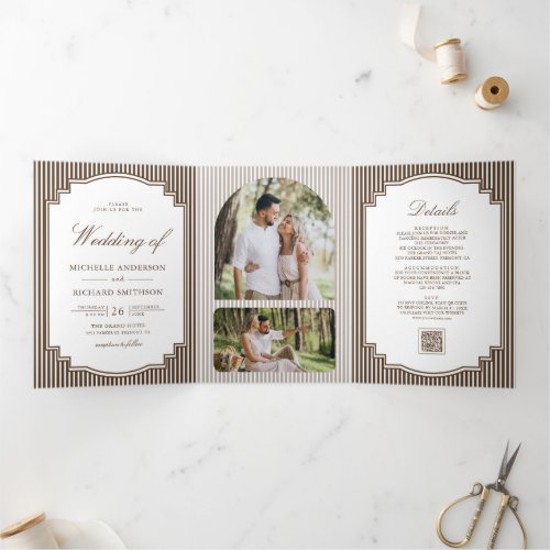 Chocolate Brown Striped Photo QR Code Wedding Tri-Fold Invitation