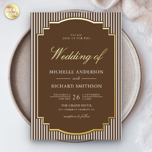 Chocolate Brown Striped Photo Wedding Gold Foil Invitation