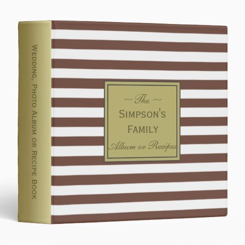 Chocolate Brown Striped Photo Wedding Recipes 3 Ring Binder