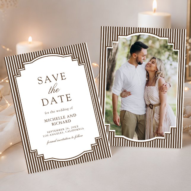Chocolate Brown Striped Photo Wedding Save The Date (Creator Uploaded)