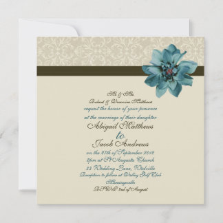 Chocolate Brown Teal Blue Flower Wedding Invite