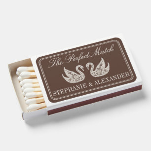 Chocolate Brown Vintage Lace Swans Custom Wedding Matchboxes