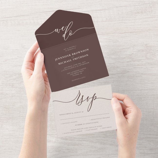Chocolate Brown Wedding script we do All In One Invitation