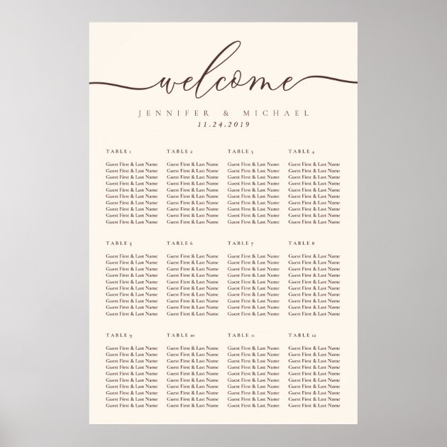 Chocolate Brown Welcome Wedding Table Seating Poster