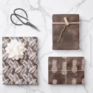 Chocolate Brown White Tropical Leaves & Pineapples Wrapping Paper Sheets