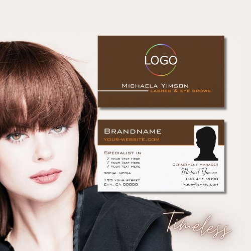 Chocolate Brown White with Logo and Photo Elegant Business Card