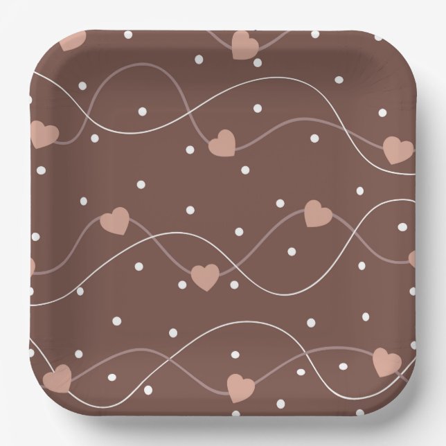 Chocolate Brown with Pink Hearts Pattern Paper Plates (Front)