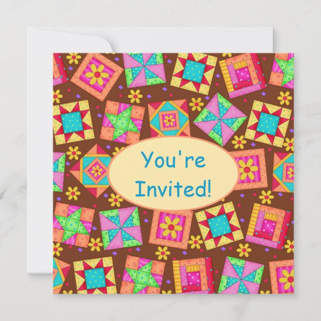 Chocolate Brown Yellow Patchwork Quilt Block Art Invitation (Front)