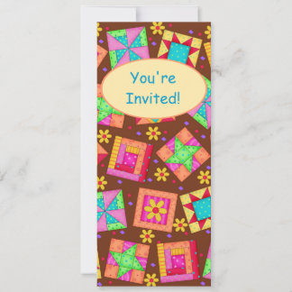 Chocolate Brown Yellow Patchwork Quilt Block Art Invitation