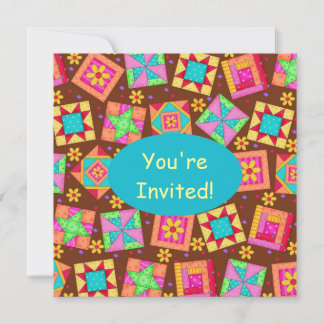 Chocolate Brown Yellow Patchwork Quilt Block Art Invitation