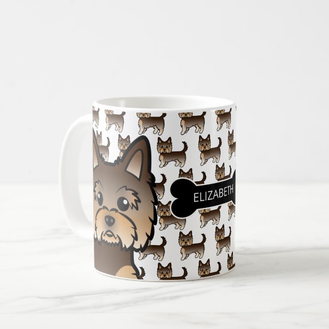 Chocolate Brown Yorkie With Dog Bone & Name Coffee Mug (Front Left)