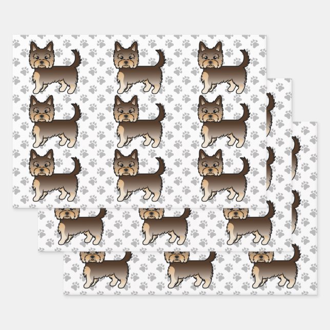 Chocolate Brown Yorkshire Terrier Dog Pattern Wrapping Paper Sheets (Set)