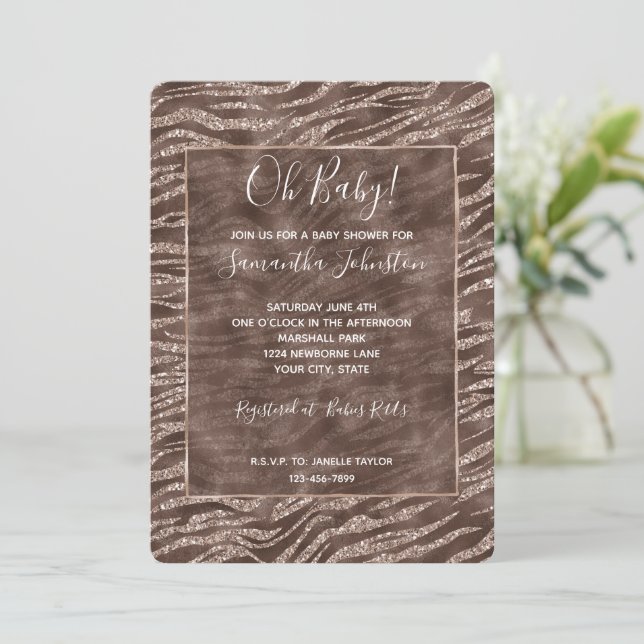 Chocolate Brown Zebra Glitter Baby Shower Invitation (Standing Front)