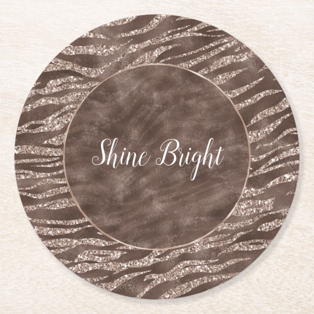 Chocolate Brown Zebra Glitter Peach Frame       Round Paper Coaster (Front)
