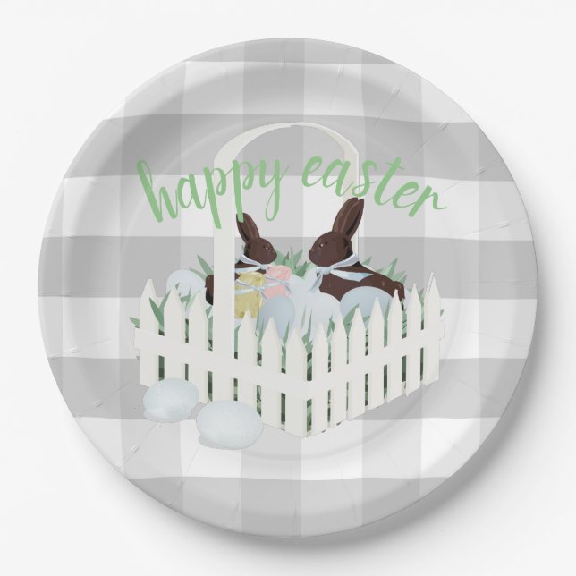 Chocolate Bunnies Eggs Gray Easter Paper Plate (Front)