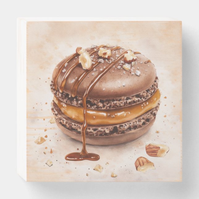 Chocolate Caramel Macaron Watercolor Dessert  Wooden Box Sign (Front Horizontal)