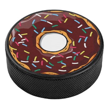 Chocolate Cartoon Donut With Sprinkles Hockey Puck by GroovyFinds at Zazzle