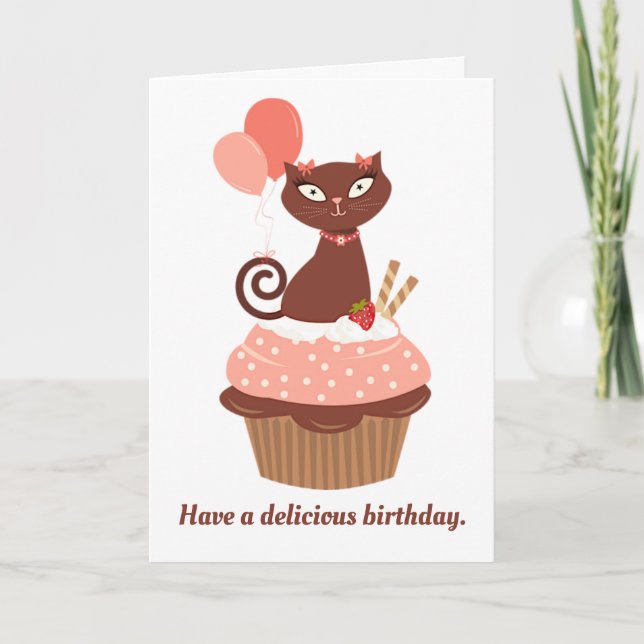 Chocolate Cat in a Cupcake Birthday Card (Front)