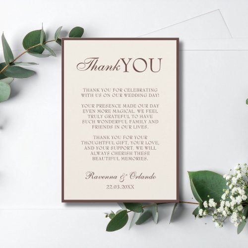Chocolate Champagne Old Money Wedding Thank You Announcement