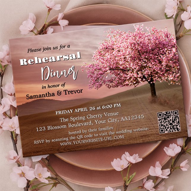 Chocolate Cherry Blossom Rehearsal Dinner Invitation (Rehearsal Dinner invitation with a painting of a chocolate landscape with a blossoming cherry tree)