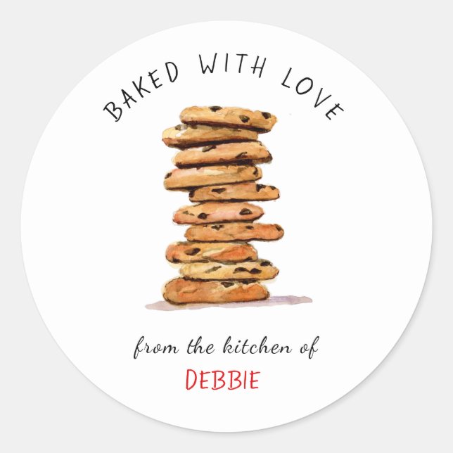 Chocolate chip cookie 'baked with love'  classic round sticker (Front)