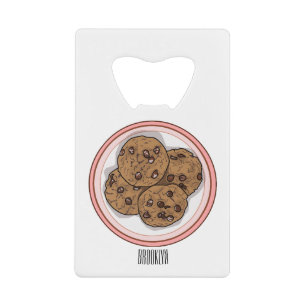 Chocolate chip cookie cartoon illustration credit card bottle opener