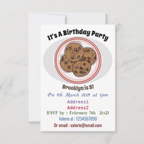 Chocolate chip cookie cartoon illustration invitation