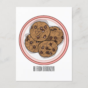 Chocolate chip cookie cartoon illustration postcard